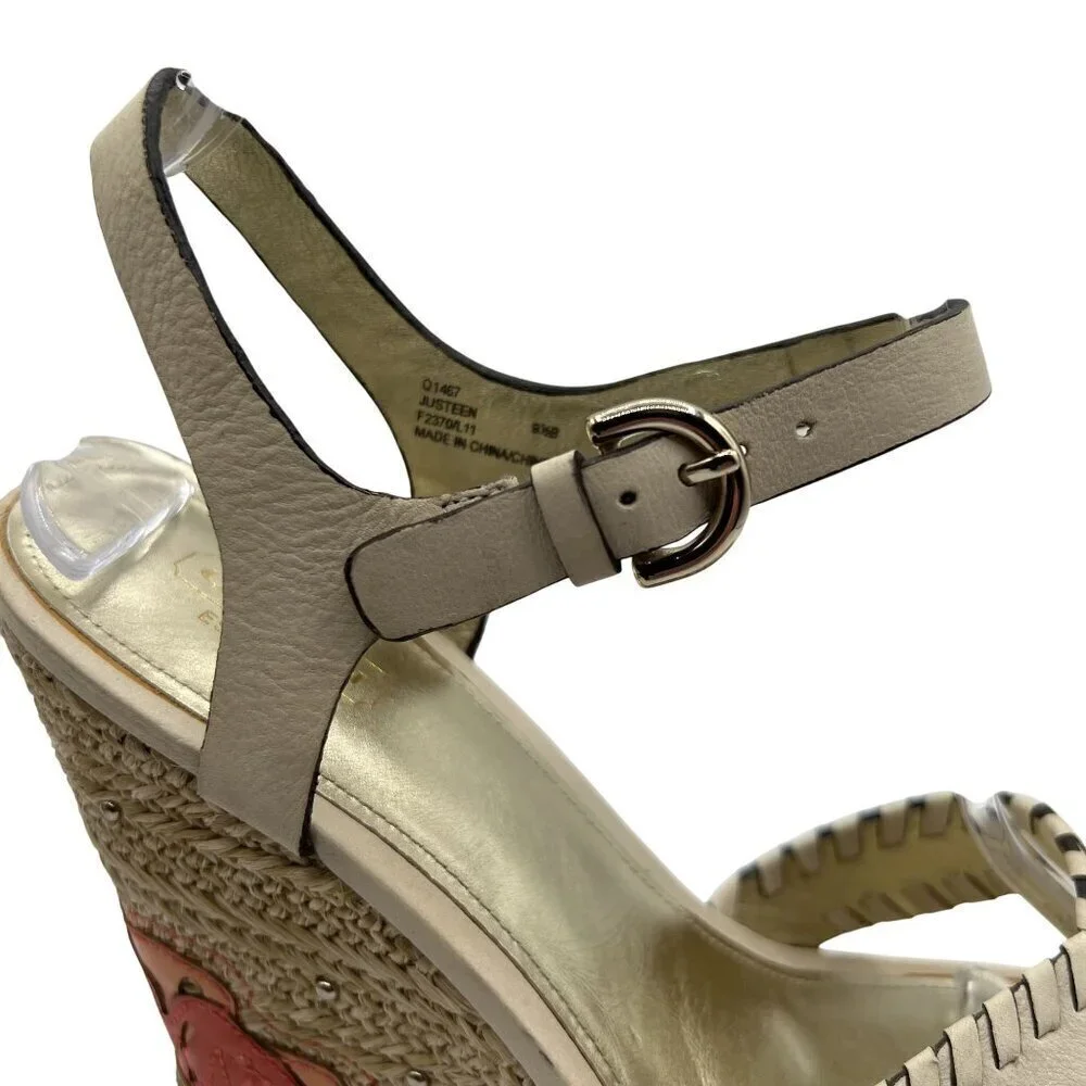Coach Justeen 9.5 Butterfly Floral Design Woven Espadrille Wedge Leather Sandals
